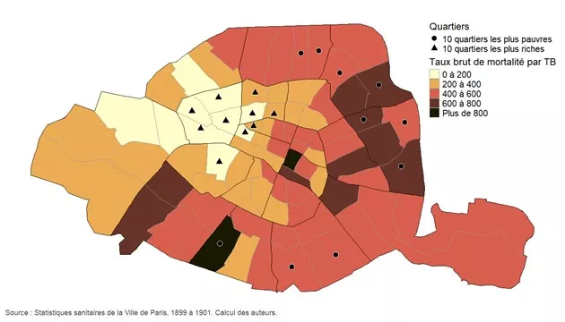 Figure 3 : Taux bruts de mortalité par tuberculose (pour 100 000 habitants) pour les 80 quartiers parisiens en 1900
